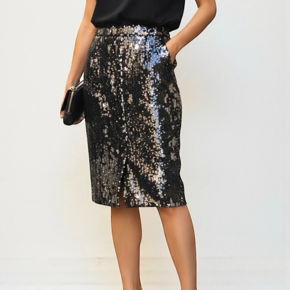 Zara Sequin Pencil Skirt Silver and Black Going Out Skirt Small NWT